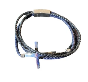 Struktur Herren Kreuz Wickel Armband Neu in Box Schwarz Silber - Bild 1 von 6