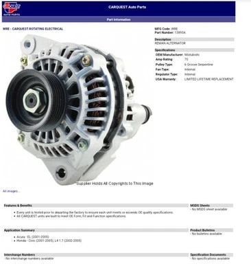 Alternador de motor Car Quest 13893A 76394 para Civic y Acura EL 1.7 70A 2001-2005 Foto 1 de 4