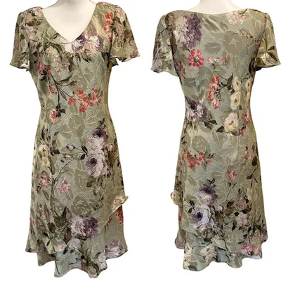 复古 Y2K K Studio Sage 绿色花卉分层荷叶边 Midi 连衣裙仙女 Coquette 尺寸 M — 第 1/4 张图片