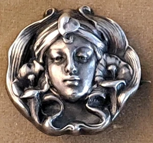 Antiguo broche prendedor floral ART NOUVEAU de plata esterlina MUCHA FIGURA MUJER - Imagen 1 de 10