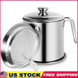 Stainless Steel Bacon Grease Container W/ Strainer & Handle Oil Filter Pot New - Picture 1 of 8