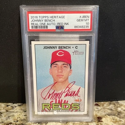 JOHNNY BENCH 2016 TOPPS HERITAGE REAL ONE RED INK AUTO SP #10/67 PSA 10 GEM MINT - Image 1 of 2