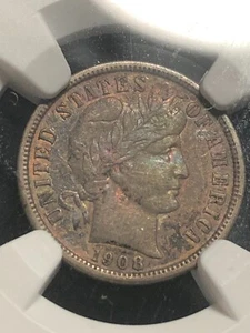 1908O 10 CENTS BARBER DIME NGC AU DETAIL ENVIROMENTAL DAMAGE KEY DATE! - Picture 1 of 4