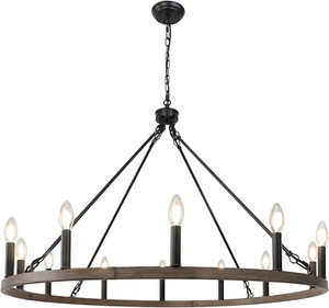 38.2 Inch Large Wagon Wheel Chandelier Farmhouse Faux Wood Metal Black Chandelie - Picture 1 of 8