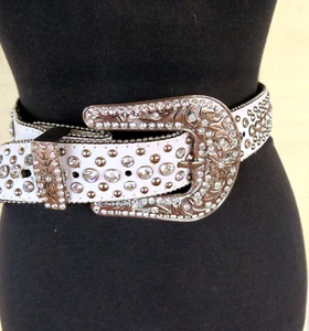 Women's White Leather Crystals Silver Jeweled Studded Belt Size S 25"-31"x1.5" - Picture 1 of 13