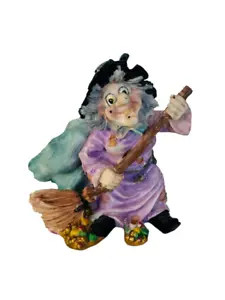 Halloween Figurine vtg Witch Decoration Gift floral broom haunted salem wart cat - Picture 1 of 5