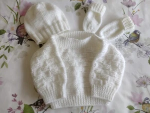 Hand knitted baby Sweater,hat & mitts to fit 3 Months, Chest 19ins. Slash Neck - Picture 1 of 5