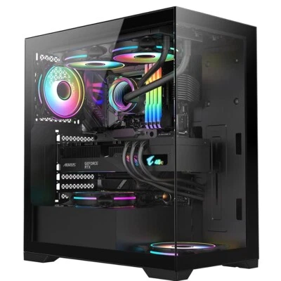 Gaming PC Case Black Mid Tower Full View Tempered Glass Panels 3x ARGB LED Fans - Image 1 of 4