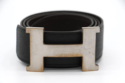 HERMÈS 95 H Guillochee Buckle Reversible  Belt Noir/Silver Leather Strap SP0165 - Image 1 of 4