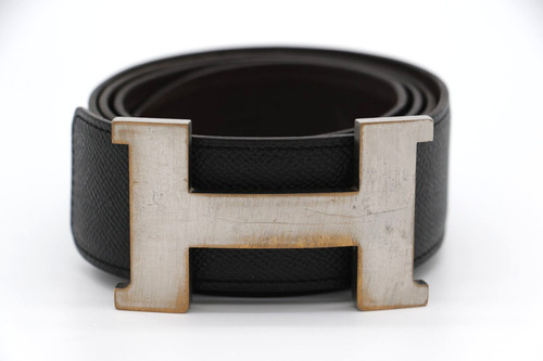 HERMÈS 95 H Fibbia Guillochee Cintura Reversibile Nero Cinturino Pelle Argento SP0165