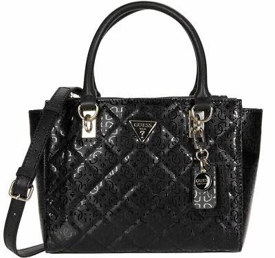 NEW GUESS Women's Black Shiny Logo Embosed Quilted Satchel Crossbody Handbag Bag - Image 1 of 4
