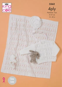 Baby 4ply Knitting Pattern Baby Cardigan Bonnet Booties & Blanket King Cole 5562 - Picture 1 of 3