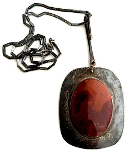 Fab Corki Weeks Sterlingsilber Achat Statement Anhänger mit ausgefallener Stabkette um 1974 - Bild 1 von 5