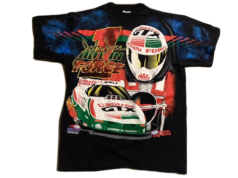 vintage 90s NHRA JOHN FORCE WINSTON DRAG RACING ALL-OVER PRINT T-Shirt LARGE Cover
