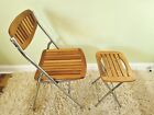 Vintage 70s Teak Folding Chair & Table / Stool Chrome Frame Deck Garden Patio