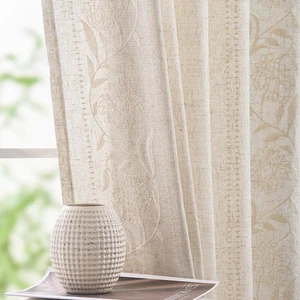 Winslow Linen Curtains for Bedroom 84 Inches Length Embroidered Bordered Flor... - Picture 1 of 8