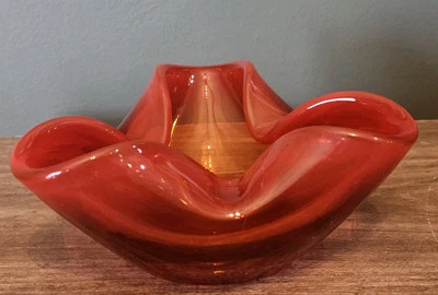 Vintage Blenko Red Orange Amber Glass Ashtray Mid-Century Modern MCM Signed  - Image 1 of 4