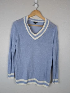 Talbots Pullover Damen mittelblau 100% Leinen V-Ausschnitt besetzt Preppy Pulli - Bild 1 von 7
