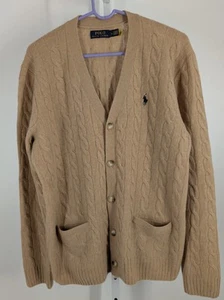 Polo Ralph Lauren Cashmere Blend Cableknit Cardigan Sweater Camel Tan Medium - Picture 1 of 6