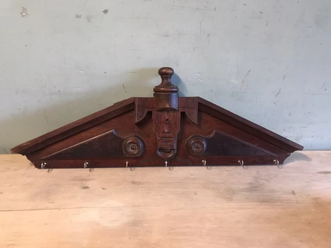 Antique Wood Key Rack Salvaged Decorative Wood Dresser Mirror Top W/Brass Hooks Cover