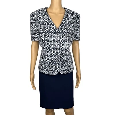 Tahari ASL Polyester Spandex Skirt Suit 14 Navy Floral White Short Sleeves 2PC - Image 1 of 4