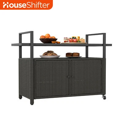 Carro rodante exterior isla de cocina mesa de vidrio de mimbre con mango y ruedas Foto 1 de 4