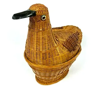 Country Farmhouse Duck Shaped Wicker Basket Woven w/ Lid  - Picture 1 of 11