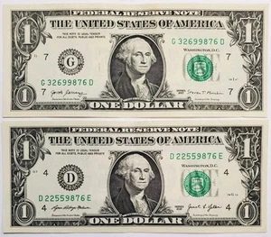 Zwei 9876 Teilleiter 1 Dollar One Dollar Schein Fancy Seriennummer Serie 2017, 2021 - Bild 1 von 2