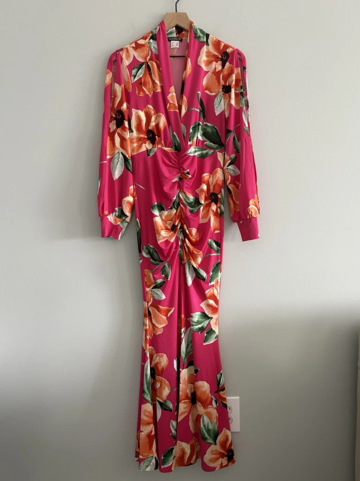 VENUS Maxi Dress Womens Small Pink Floral Long Slit Sleeves Rouching Vacation - Image 1 of 4
