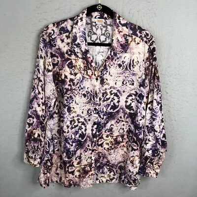 Blusa Tianello Feminina Extra Grande Roxa Branca 100% Linho Arte Abstrata Para Usar - Imagem 1 de 4