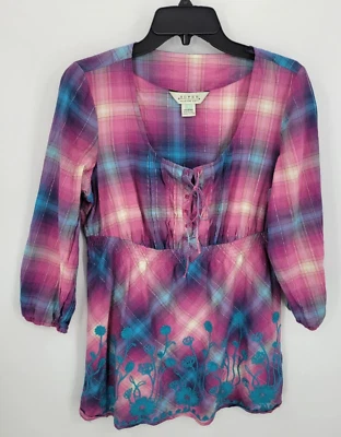 Camisa Roper Mujer Grande Rosa Azul Cuadros Cuello Redondo Fluido Bordado Boho Foto 1 de 4