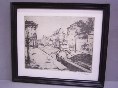 TONY LUC BLICKX: 1958 ORIGINAL GRAPHIK / RADIERUNG: MOTIV: GRACHT - Bild 1 von 4