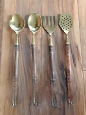 4 Vintage 14" Wood & Brass Utinsels Fork/Spoon/Spatula...