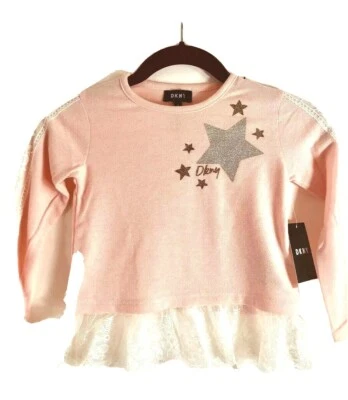 NWT DKNY Little Girls Blouse Pink/White Knit Glitter Stars Embroidered Lace S-4 - Image 1 of 4