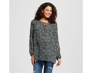 LIZ LANGE Maternity Sheer Blouse Tunic Top S & XL Green Gray Leaf Floral Print - Picture 1 of 2