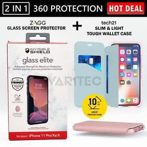 Zagg  Glass Screen Protector + Tech21 Wallet Flip Case Cover for iPhone X XS 10 - Picture 1 of 9
