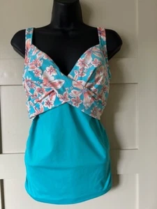 Lands' End Womens Size 16P Aqua Floral Tropical Tankini Top Underwire Free Ship - Picture 1 of 10