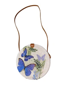 Bolso Bandolera Tejido a Mano Decoupage Blanco Bambú Ratán Mariposa Boho Cottagecore - Imagen 1 de 8