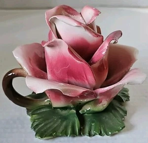 Capodimonte Pink Rose Flower 4" Tapered Candle Holder Italy Brown Handled - Picture 1 of 8