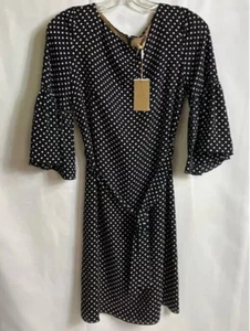 $ 1295 Michael Kors Collection Damen blau U-Boot-Ausschnitt Glockenärmel Polka Kleid Gr: 2 - Bild 1 von 12