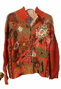 Coldwater Creek Cardigan Sweater Orange Floral Embellished Sz Medium PT1 - Picture 1 of 4