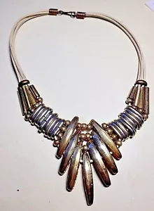 Brass & Silverplate Greek Collar BIB Necklace-White Leather Cord Strands-Greece - Picture 1 of 6