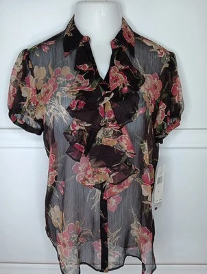 NUEVO CON ETIQUETAS RALPH LAUREN Blusa con Volantes Grande Marrón Floral Mangas Cortas Abotonada Foto 1 de 4