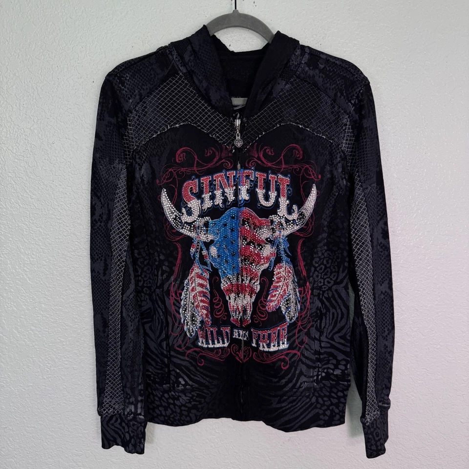 Chaqueta Sinful by Affliction Mujer Pequeña Estrás Cabeza de Toro Topeka Lluvia Y2K Foto 1 de 4