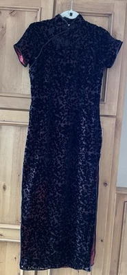 Vestido Vintage Annie’s Velvet Burnout Qipao Cheongsam Forrado de Seda Preto Vermelho 38 - Imagem 1 de 4