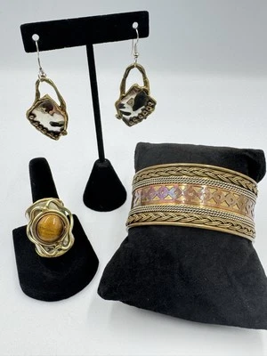 Lote de joyas artesanales de cobre latón ojo de tigre joyería anillo pendientes pulsera Foto 1 de 4