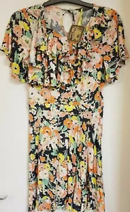 Love LABEL Orange Black Floral Frill Jersey Midi Summer Dress Sizes 8 10 - Picture 1 of 3