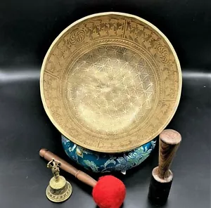 12 inches hand crafted flower of life with mantra etching-Himalayan singing bowl - Picture 1 of 9