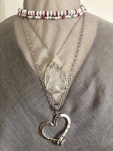 Necklace 3 Pc Set Agate Teardrop & Nail Heart Red White OOAK Artisan USA 1657 - Picture 1 of 4