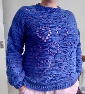 Handmade Womens Size Large Blue Time After Time Jumper - Picture 1 of 4